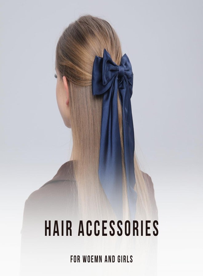 LuSeren 2PCS Big Hair Bow Clips for Women Girls – Navy Blue Satin Ribbon Bow Barrettes with Long Tails, Large Hair Accessories for Ponytail, Party, Wedding & Everyday Wear - Image 3